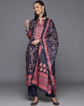 women printed straight kurta suit set with dupatta