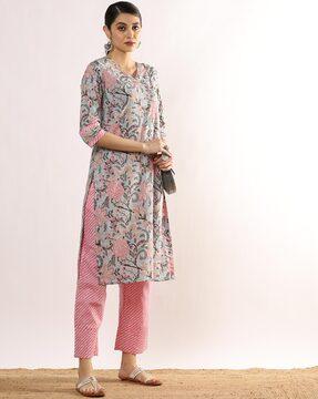 women printed straight kurta suit set