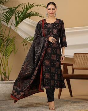 women printed straight kurta suit set