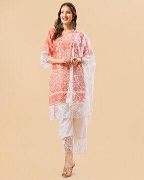 women printed straight kurta suit set
