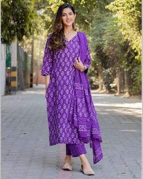 women printed straight kurta suit set