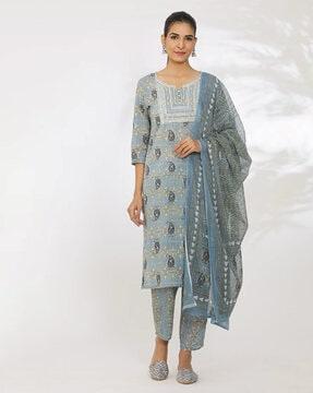 women printed straight kurta suit set