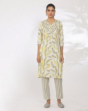 women printed straight kurta suit set