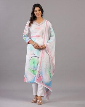 women printed straight kurta suit set