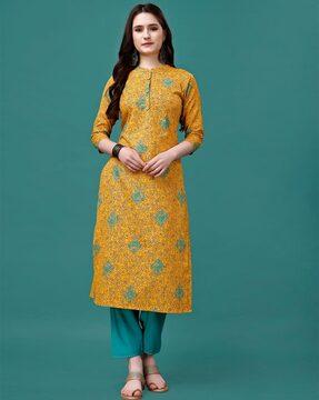 women printed straight kurta with 3/4th sleeves