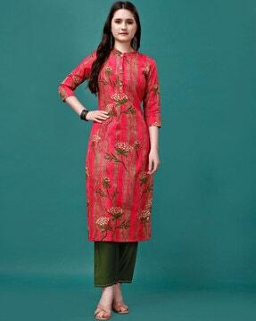 women printed straight kurta with 3/4th sleeves