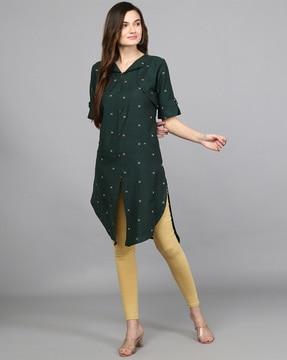 women printed straight kurta with front slit