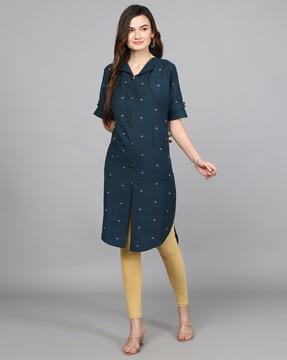 women printed straight kurta with front slit