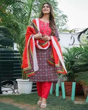 women printed straight kurta with pants & dupatta set