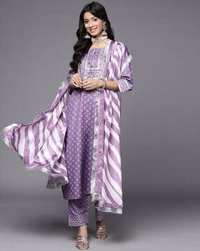 women printed straight kurta with pants & dupatta