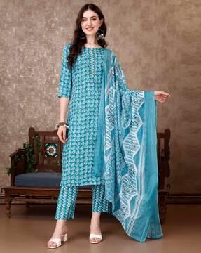 women printed straight kurta with pants & dupatta