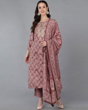 women printed straight kurta with pants & dupatta