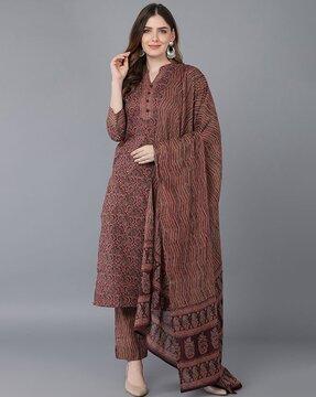 women printed straight kurta with pants & dupatta