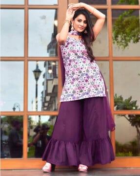 women printed straight kurta with sharara & dupatta