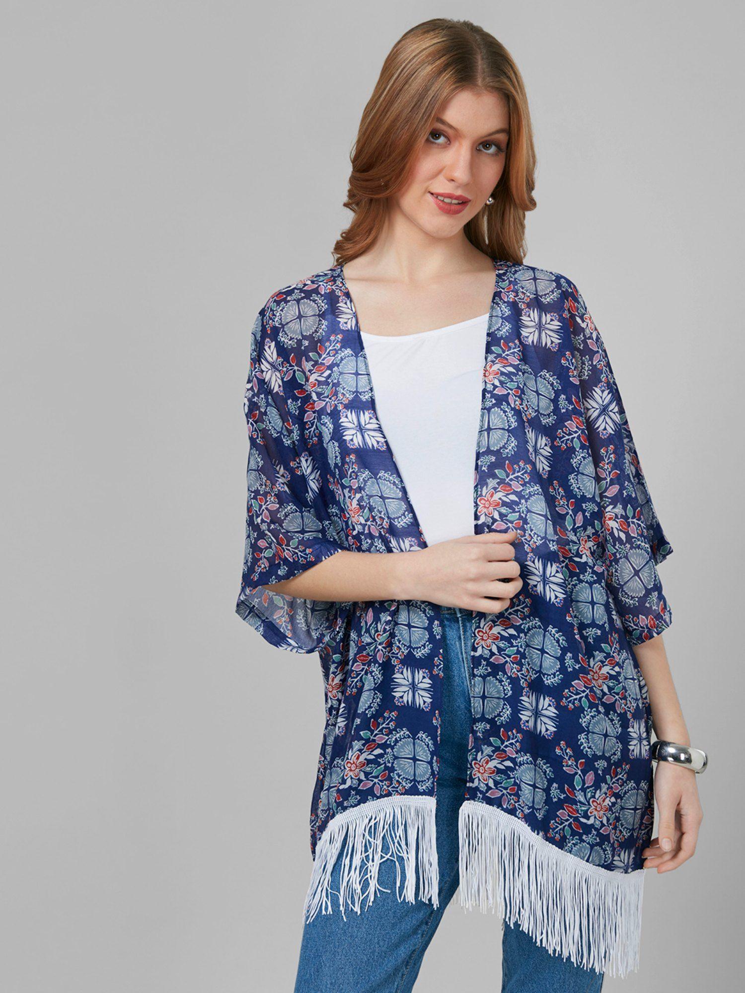 women printed tasselled longline shrug