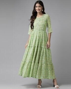 women printed tiered dress with button accent