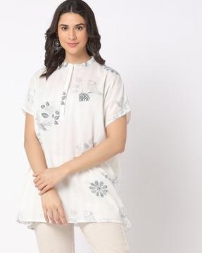 women printed tunic with band collar