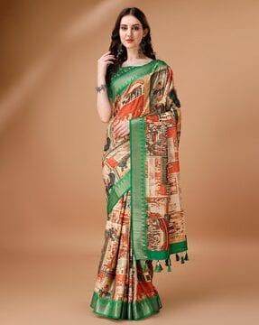 women printed tussar silk saree with tassels