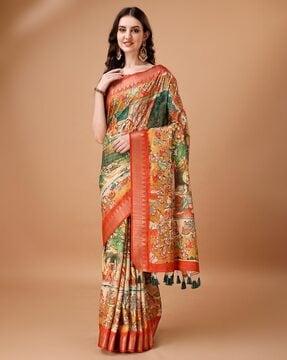 women printed tussar silk saree with tassels