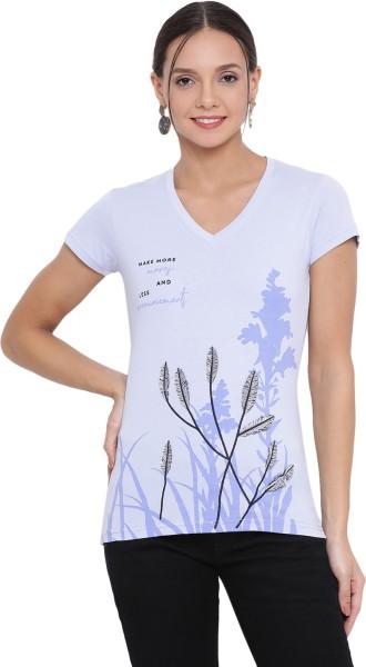 women printed v neck cotton blend blue t-shirt