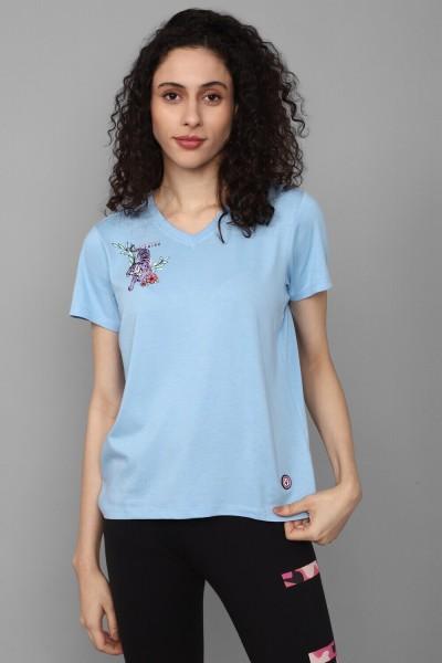 women printed v neck cotton blend blue t-shirt