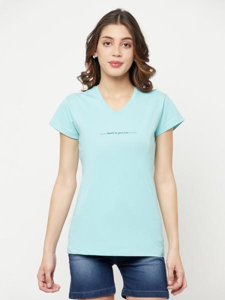 women printed v neck cotton blend green t-shirt