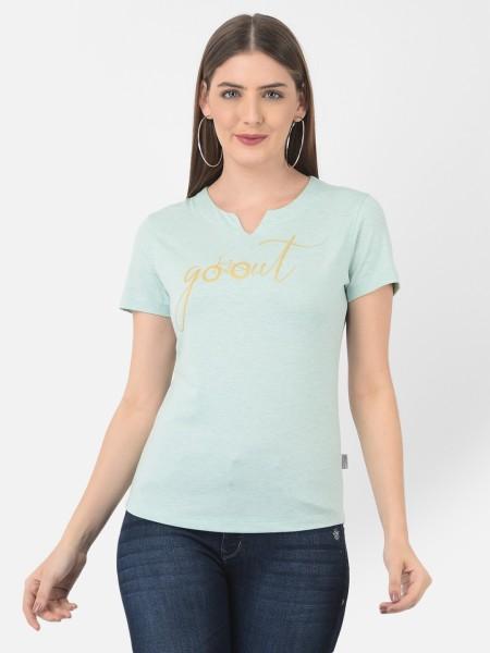 women printed v neck cotton blend light green t-shirt