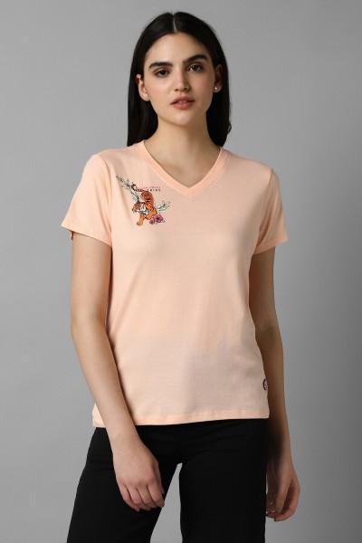 women printed v neck cotton blend pink t-shirt