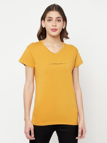 women printed v neck cotton blend yellow t-shirt