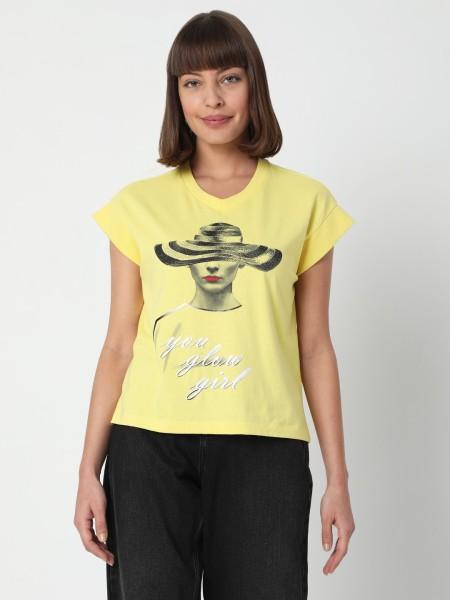 women printed v neck cotton blend yellow t-shirt