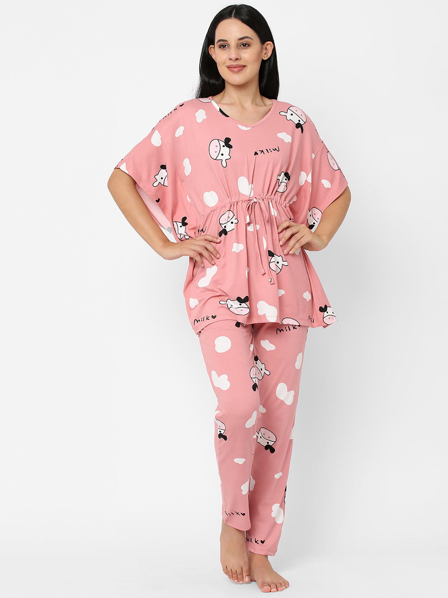 women printed v-neck flared sleeve poly brush kaftaan & pyjama pink (set of 2)