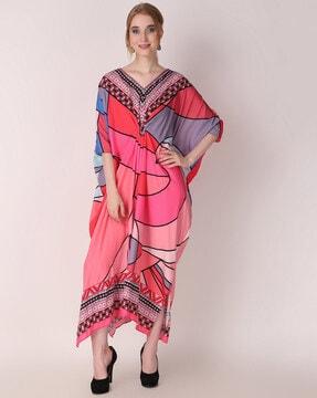 women printed v-neck kaftan dress