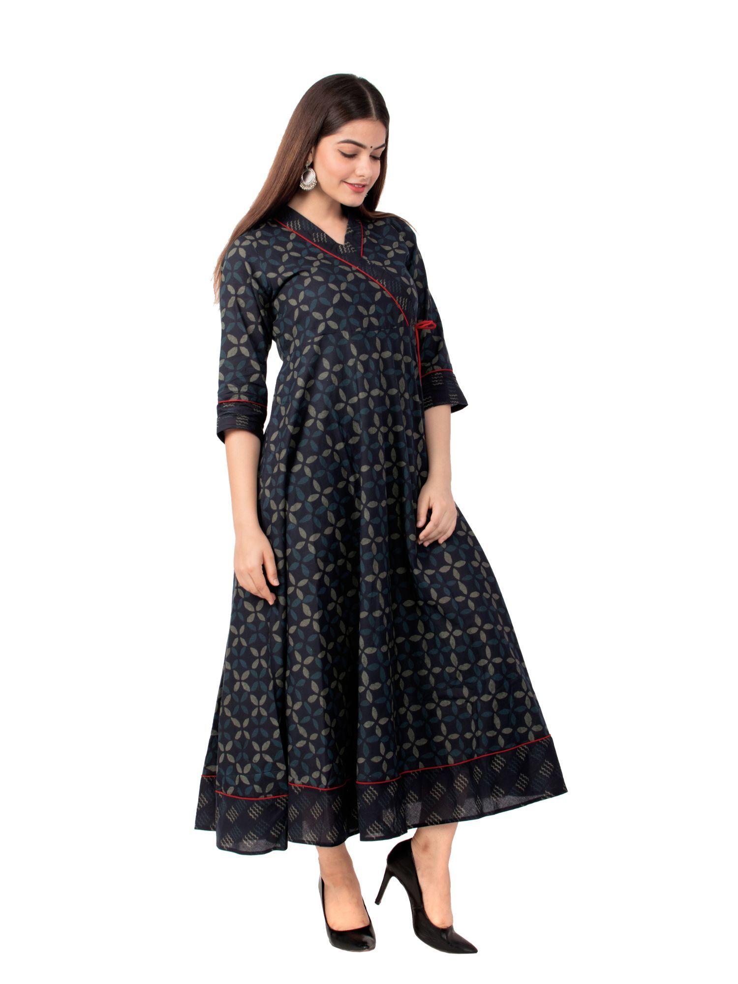 women printed v neck pure cotton angrakha kurta