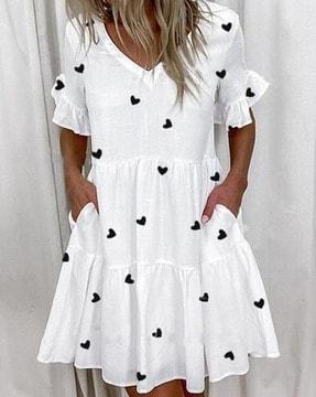 women printed v-neck short sleeves tiered dress