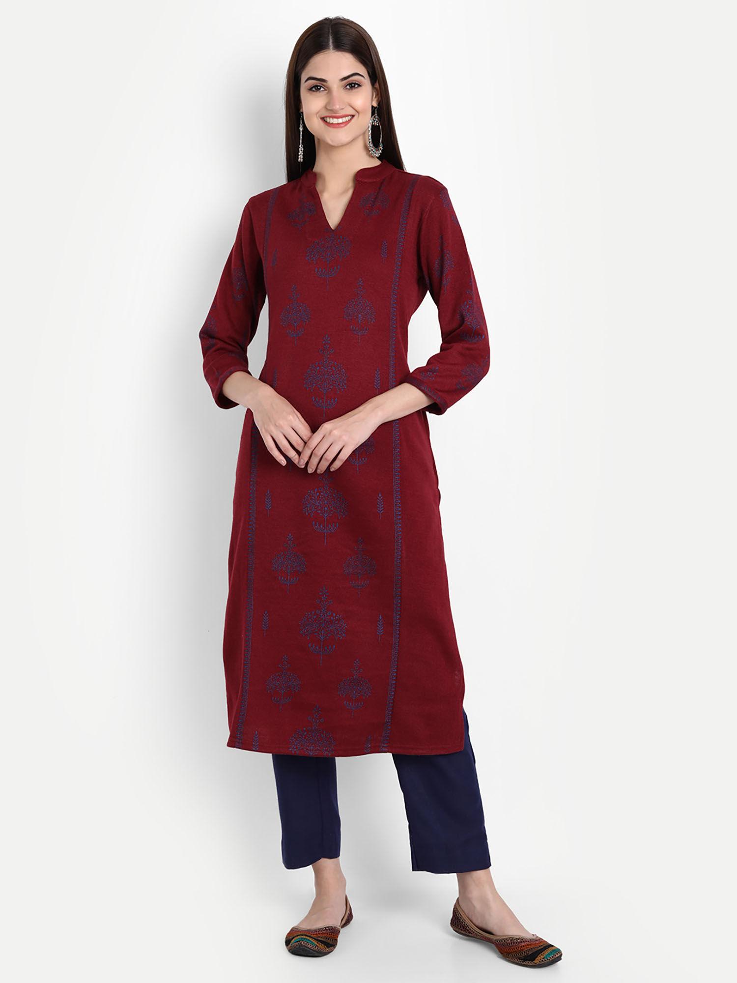 women printed woolen kurta maroon blue