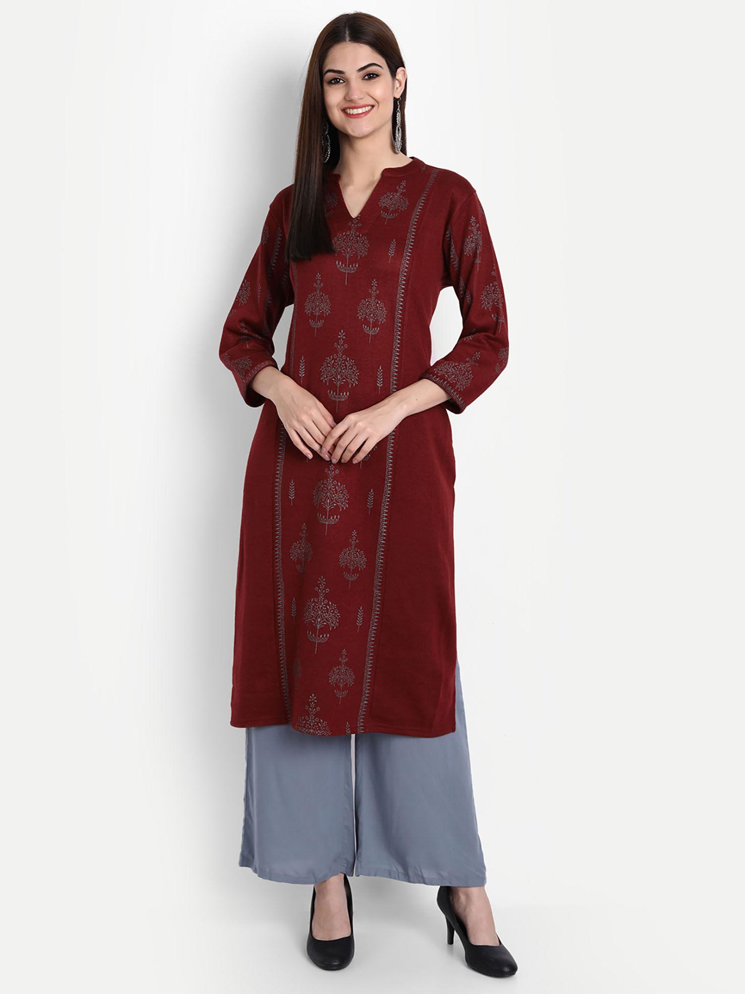 women printed woolen kurta maroon grey