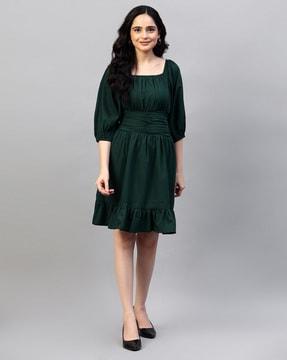 women puff sleeve fit & flare dress