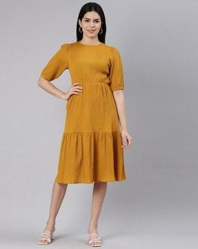 women puff-sleeve fit & flare dress