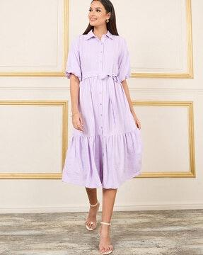 women puff sleeve shirt dress with belt