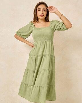 women puff sleeves smocked midi length dress