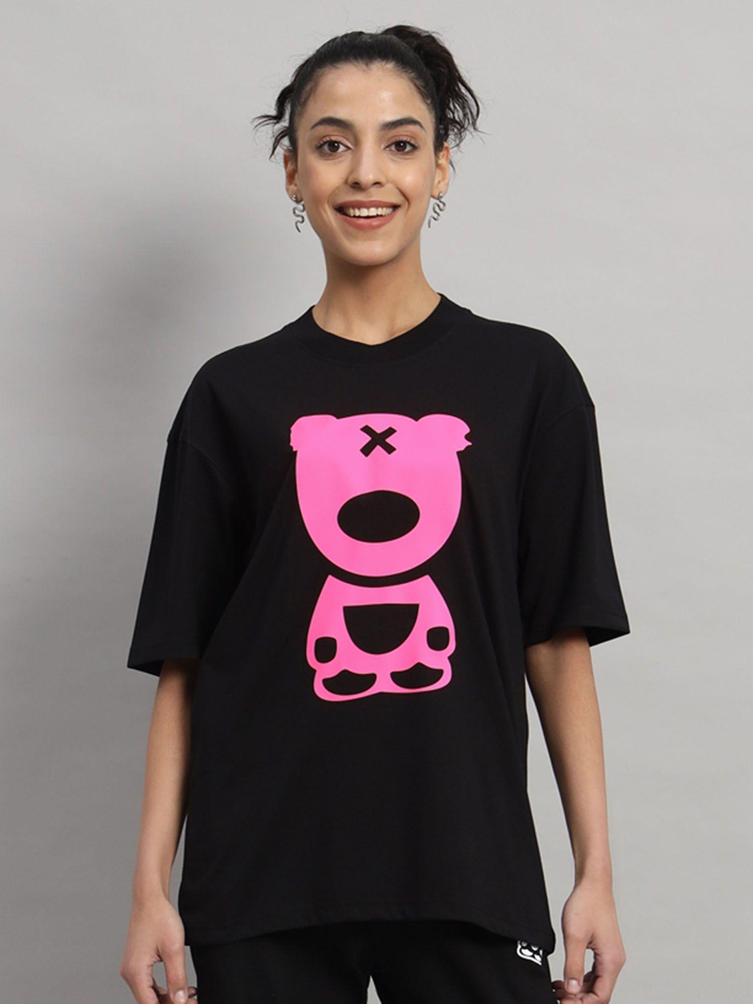 women puff teddy oversized black and neon pink t-shirt