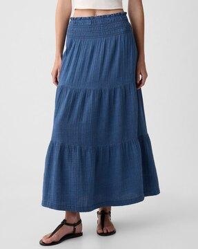 women pull-on tiered maxi denim skirt
