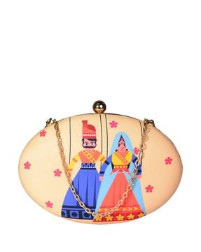 women puppet print clutch with chain strap