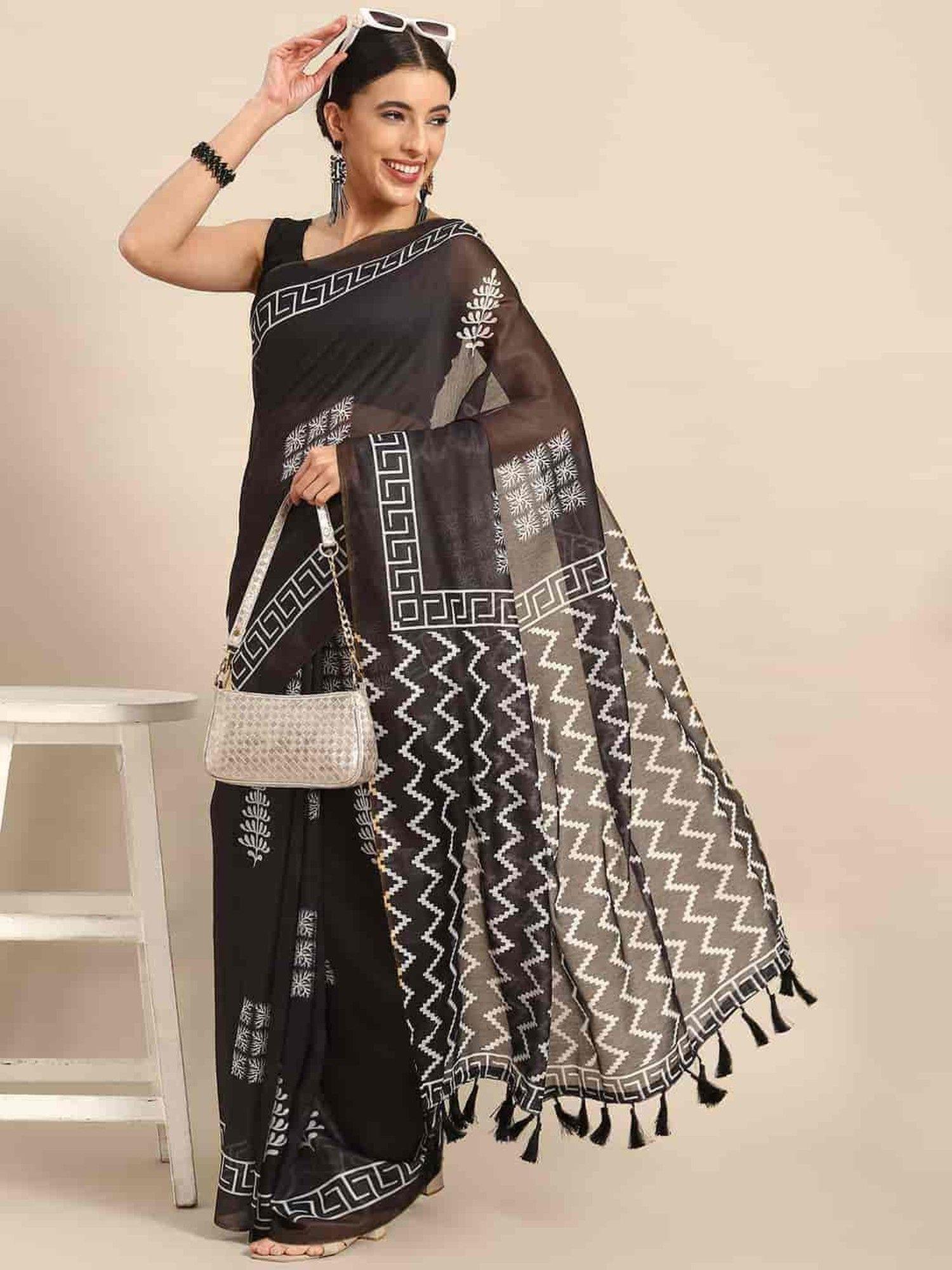 women pure cotton block print saree -black with unstitched blouse