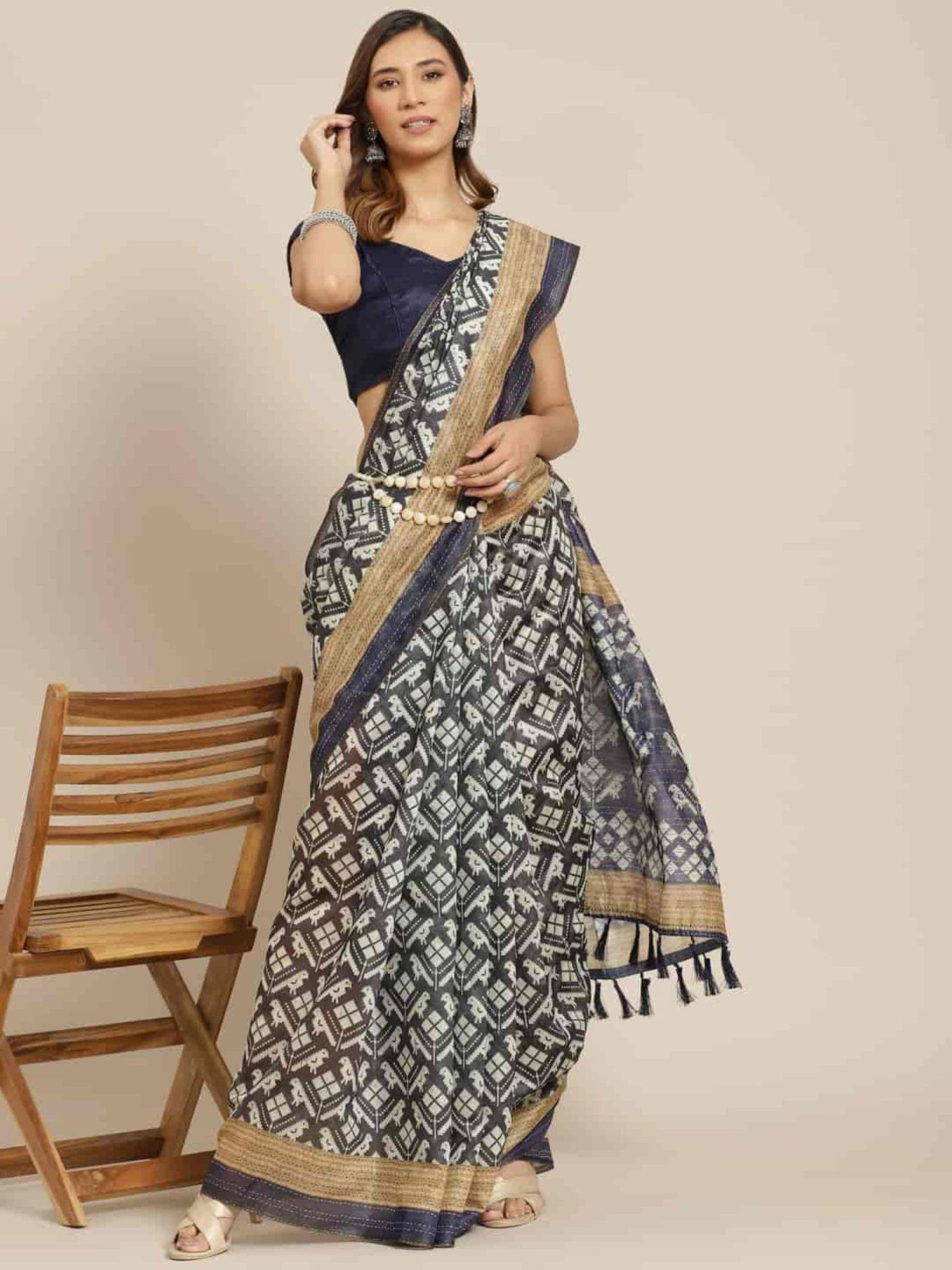 women pure cotton block print saree -black with unstitched blouse