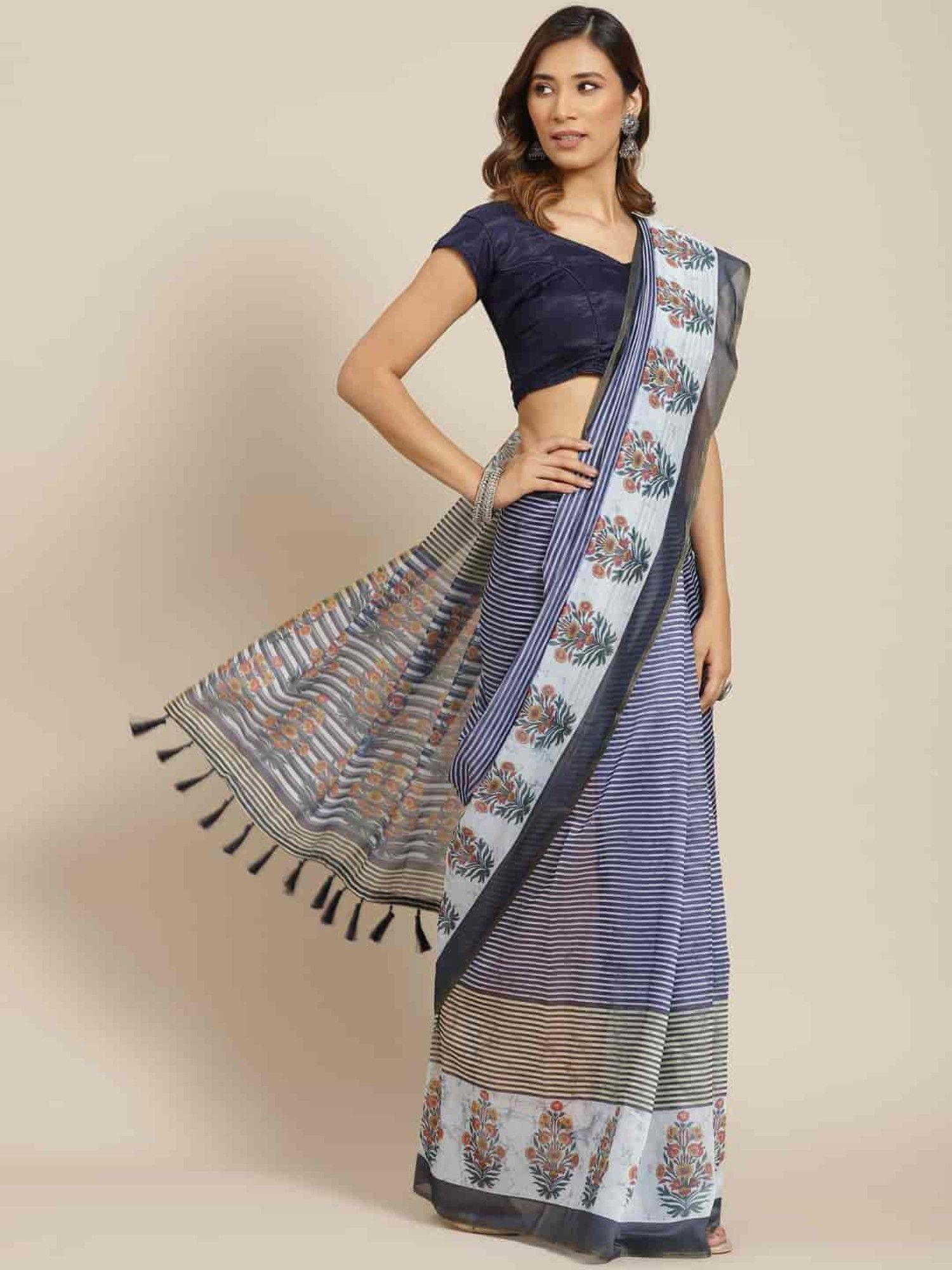 women pure cotton block print saree -blue with unstitched blouse