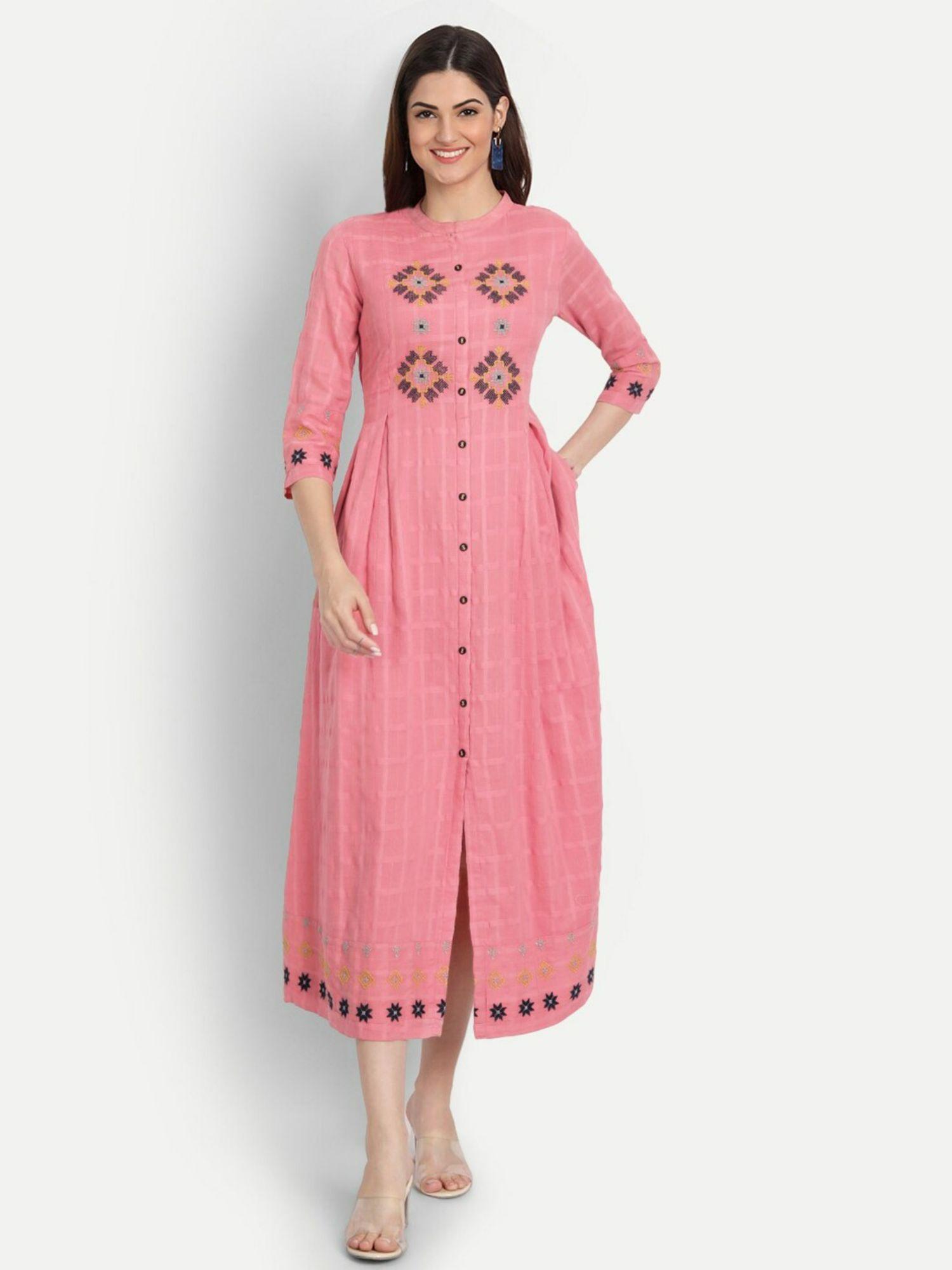 women pure cotton embroidered work kurti rose