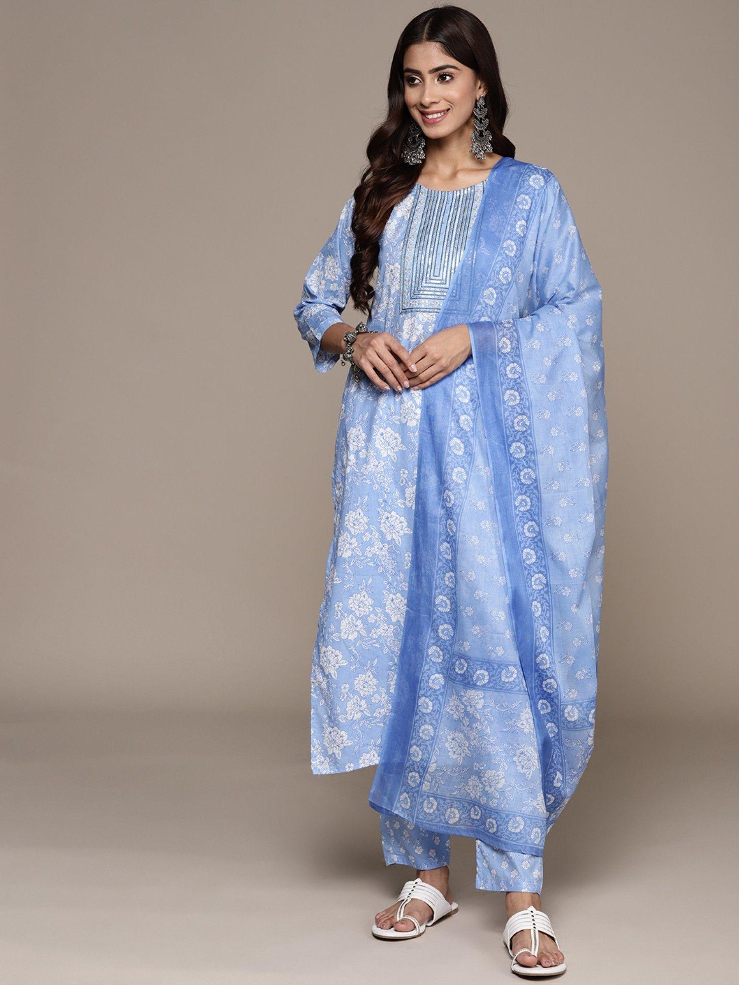 women pure cotton floral printed blue kurta suit, pant & dupatta (set of 3)