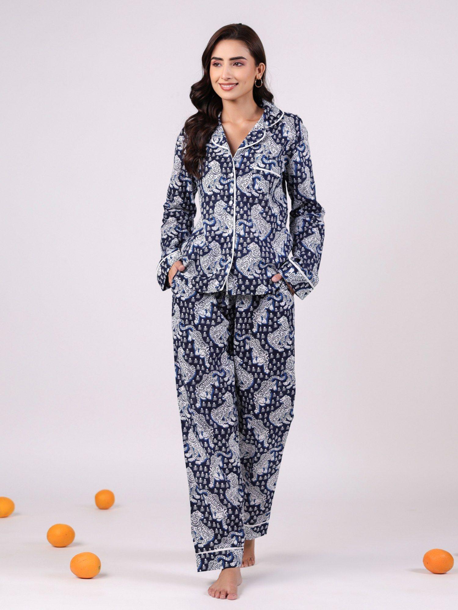 women pure cotton night suit navy blue (set of 2)