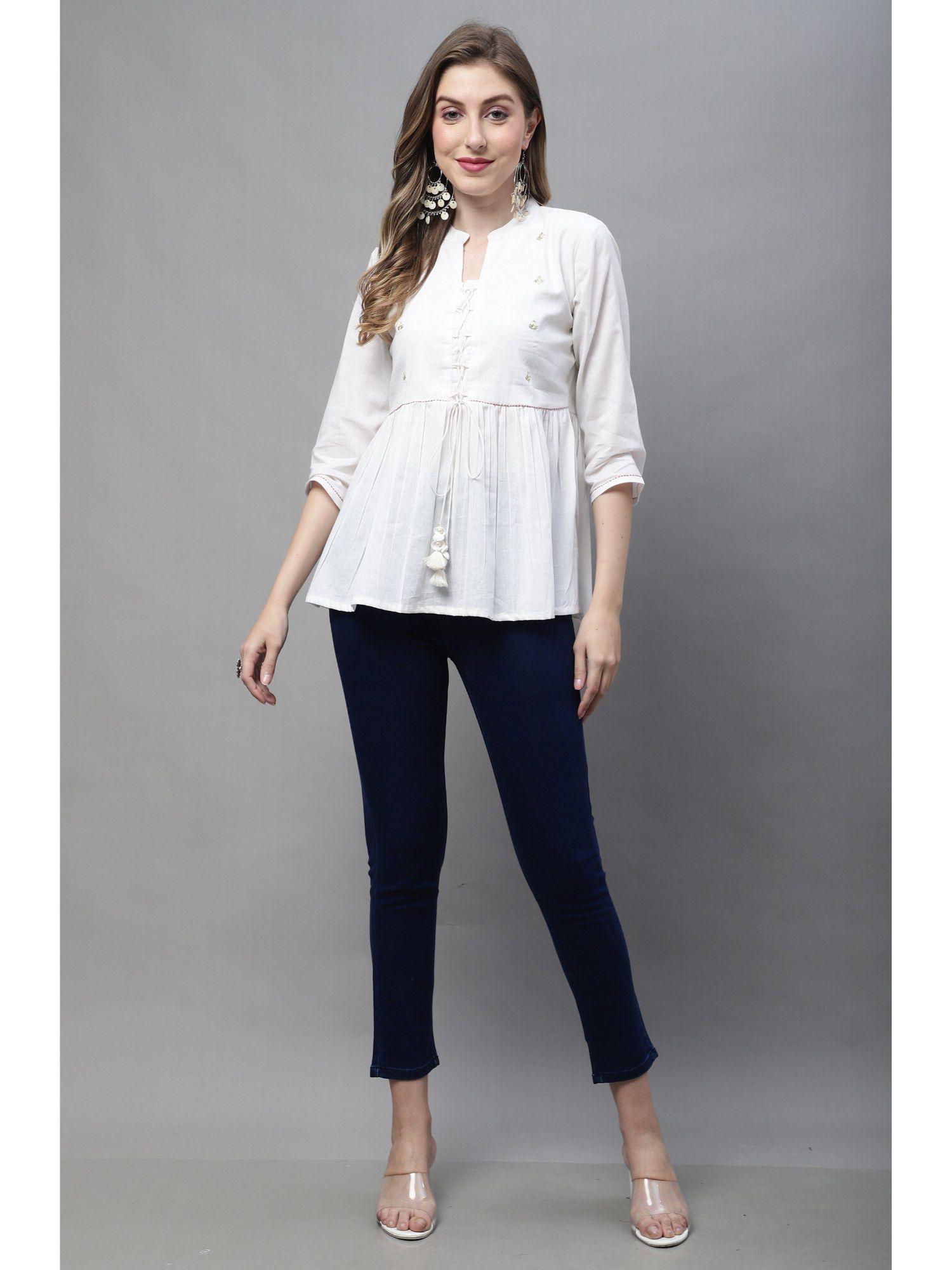 women pure cotton off white embroidered short top